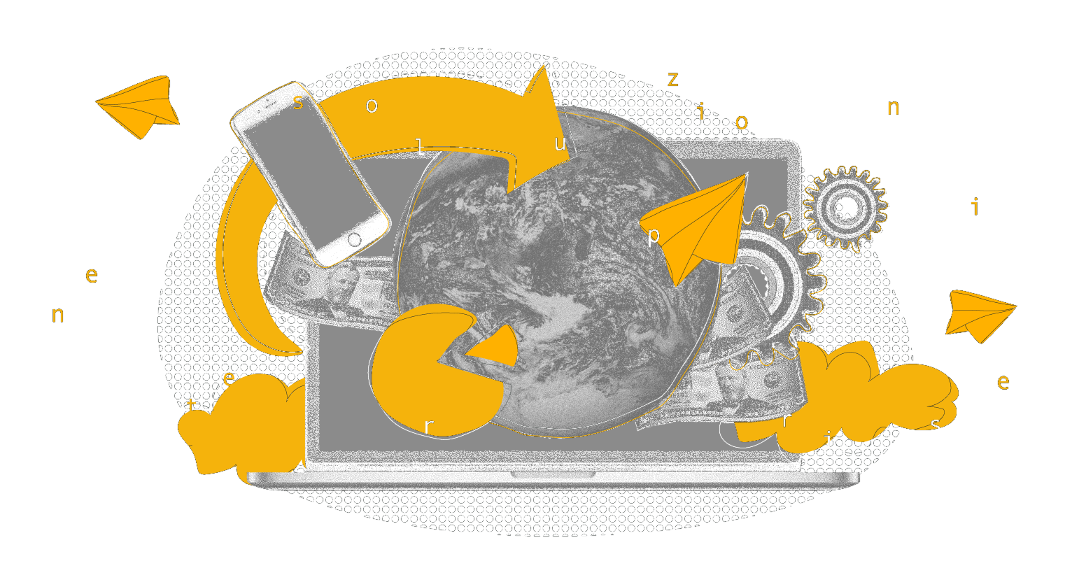 Soluzioni Enterprise con computer, smartphone, ingranaggi e connessioni globali